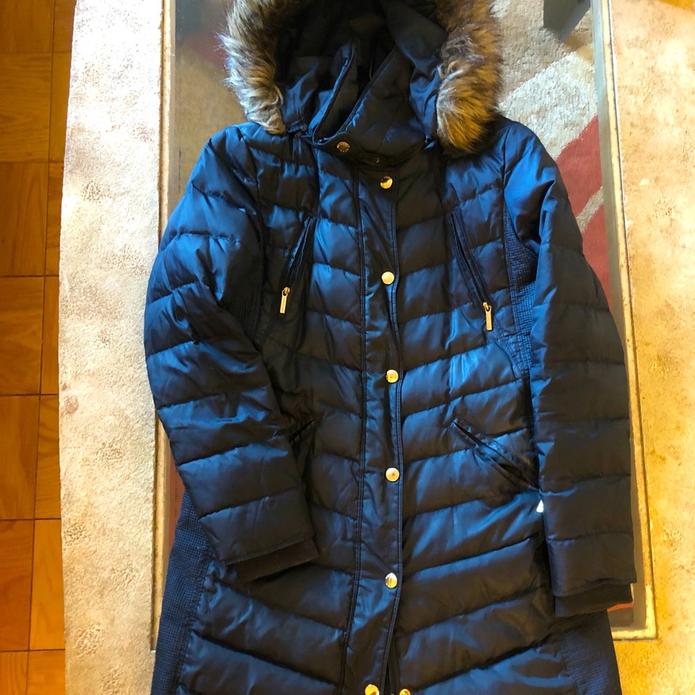 Michael KORS Long Navy Blue Women Coat Hooded Size Medium with Gold Logo Buttons